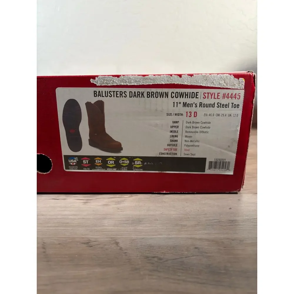 Justin Balusters 4445 Mens 13 D‎ Steel Toe Work Boots Dark Brown Cowhide Leather